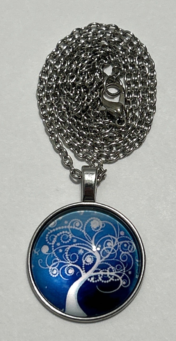 Tree of Life Necklace Silver-Tone Glass Cabochon Blue White Pendant w 18