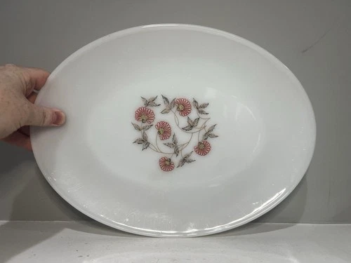 Vintage Fire-King "Fleurette" Milk Glass Oval 12”x9” Serving Platter