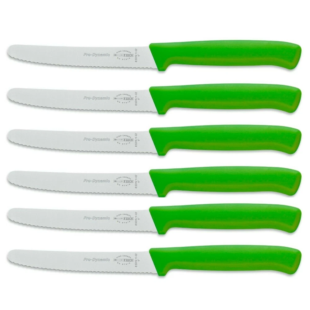 F DICK FDICK x 6 Micro Serrated Utility Steak Knives Knife Tomato GREEN 11cm
