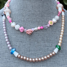 Two 2 Urban Outfitters OU Layering Pink Mushroom Flower Heart Necklaces NWT