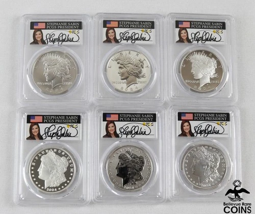 Set of 6: 2024 Morgan & Peace Dollar Silver Coins PCGS MS70 & PR70 DCAM