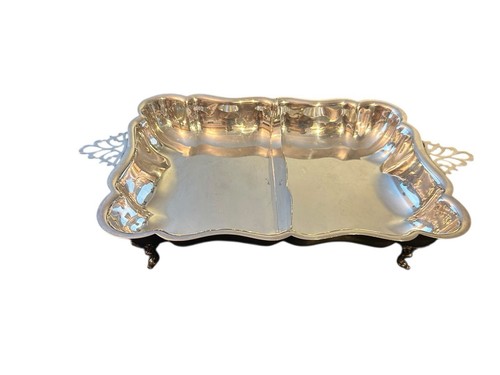 Vintage Silverplated Divided Footed Serving Tray Dish Ornate Feet With Handles - Imagen 4 de 12