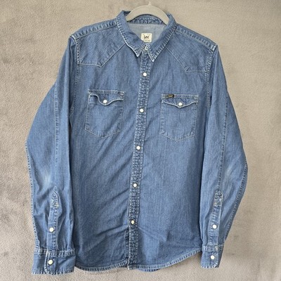 Lee Western Hemd Herren Large Blau Denim Perlen Druckknopf Langarm Baumwolle Cowboy