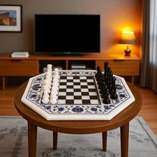 15" White Marble Chess Board Octagonal Design with Blue Floral Inlay Art Pieces