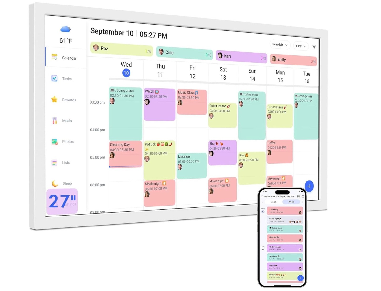 Smart Digital Calendar Max 27-Inch, Wall Mountable Electronic Family Planner wit