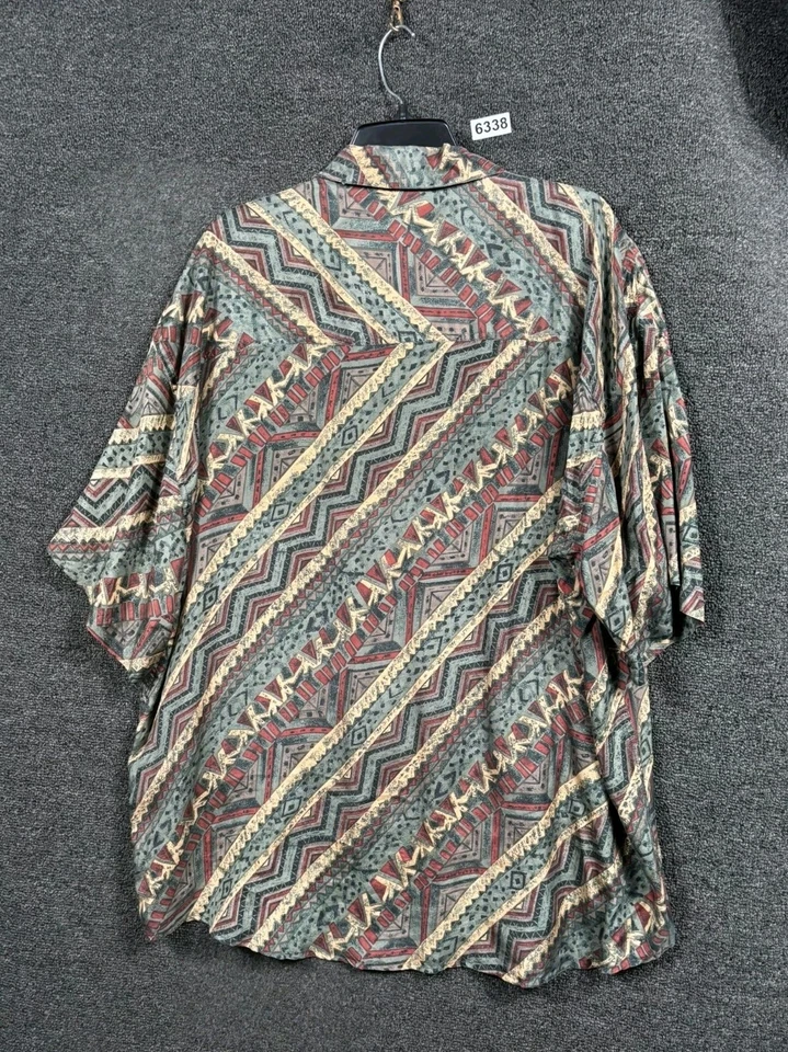 Impact 100% Silk Button-Up Shirt Mens Size XL Short Sleeve Tribal Drum Print NEW - Image 2 of 4