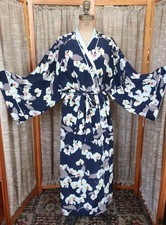 Natori Navy Blue Floral Robe Women's S/M Wrap Cream Orchid Print Polyester