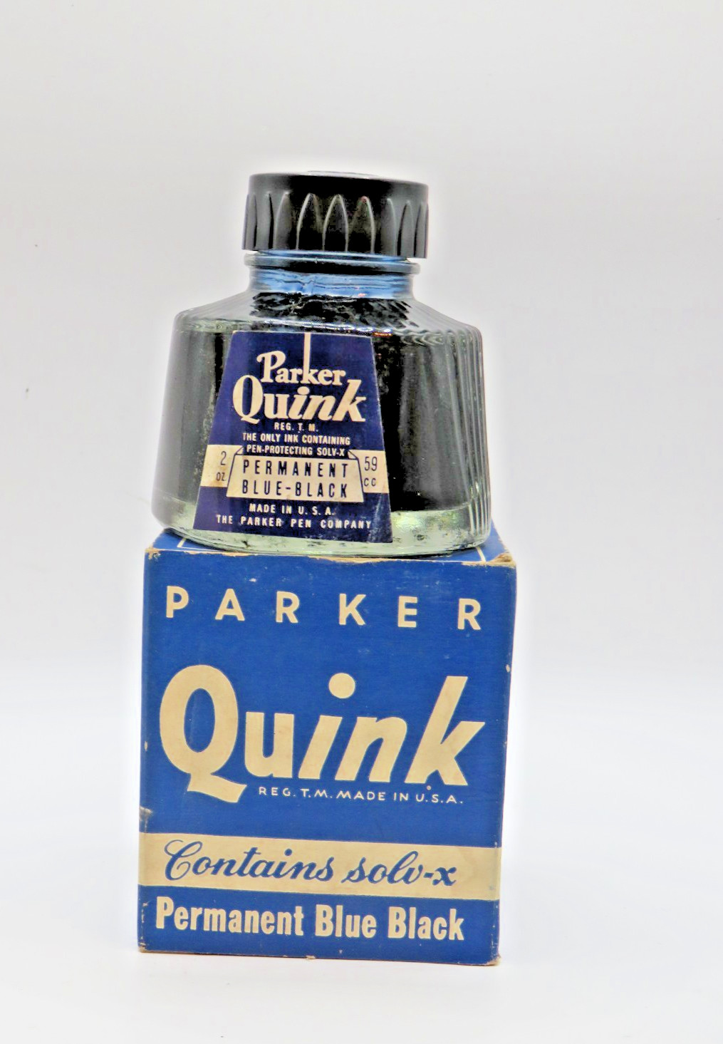 Vintage Parker Quink Bottled Ink - 2fl Oz / 59cc - Permanent Blue-Black - Full