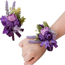 Wrist Corsage and Boutonniere Set, 1 Set Small Rose Purple Hand Flower for Prom