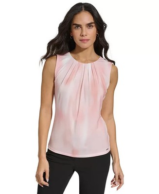 Calvin Klein Womens Printed Pleat-Neck Sle Silver Pink Multi XL