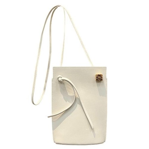 LOEWE Dice Pocket Mini Bucket Bag White Calf Crossbody Auth