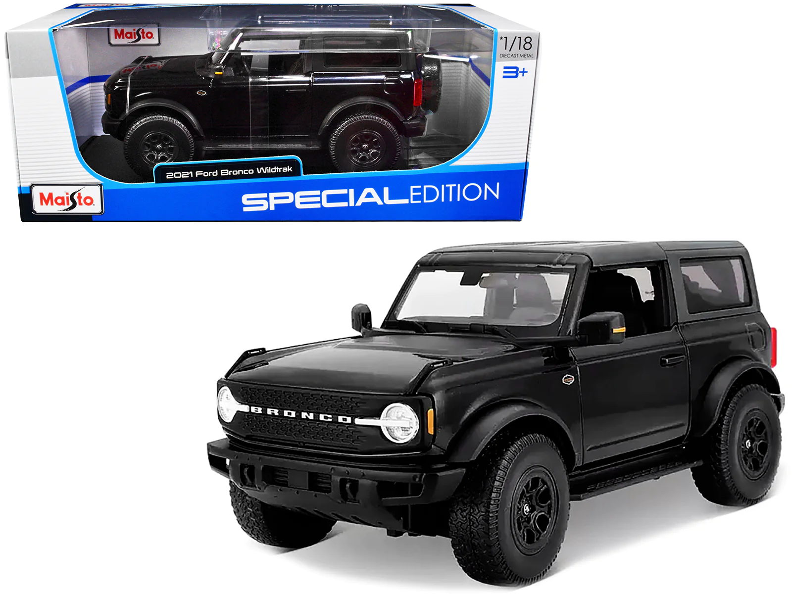 2021 Ford Bronco Wildtrak Black Metallic with Dark Gray 1/18 Diecast Model Car
