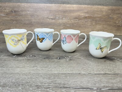 Lenox Butterfly Meadow Coffee Cups Tea Pastel Scalloped Rim Set of 4