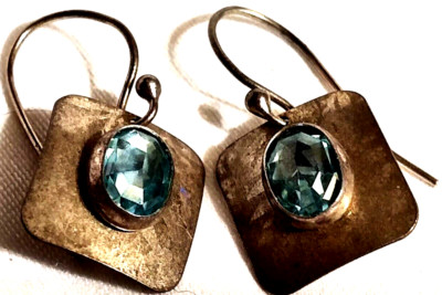 Pierced Hook Dangle Earrings 1'' Drop 1/2'' X 5/8'' Square Metal w Oval Topaz 3/8''