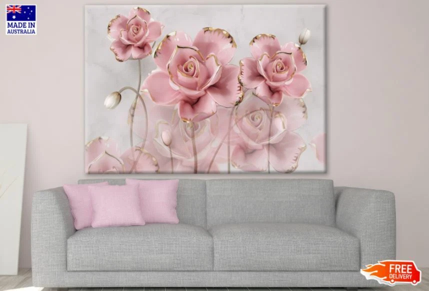 3D Pink & Gold Flowers Design Wall Canvas Home Decor Australian Made Quality