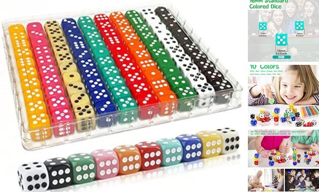 100 Pieces 16MM Dice Set, 6 Sided Standard Colored Dices with Portable Plastic