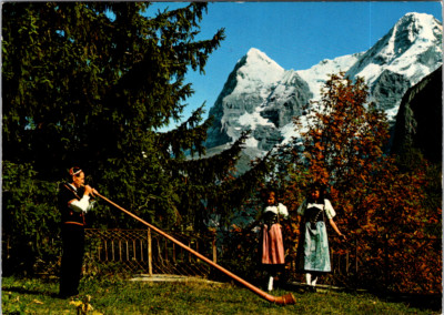 Vintage Postcard Alphorn Players Berner Costumes Zurich Switzerland
