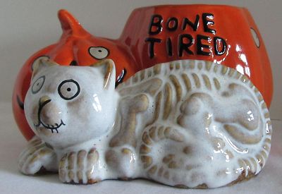 Yankee Candle Boney Bunch 2014 BONE TIRED Cat Pumpkin Votive Holder V/H Kitty