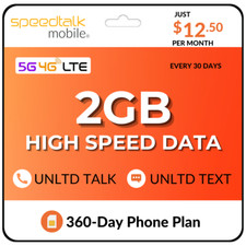  12.50/Mo.SpeedTalk Prepaid SIM Card Unlimited Talk  Text 2GB Data Phone Plan