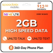 $12.50/Mo.SpeedTalk Prepaid SIM Card Unlimited Talk & Text 2GB Data Phone Plan  