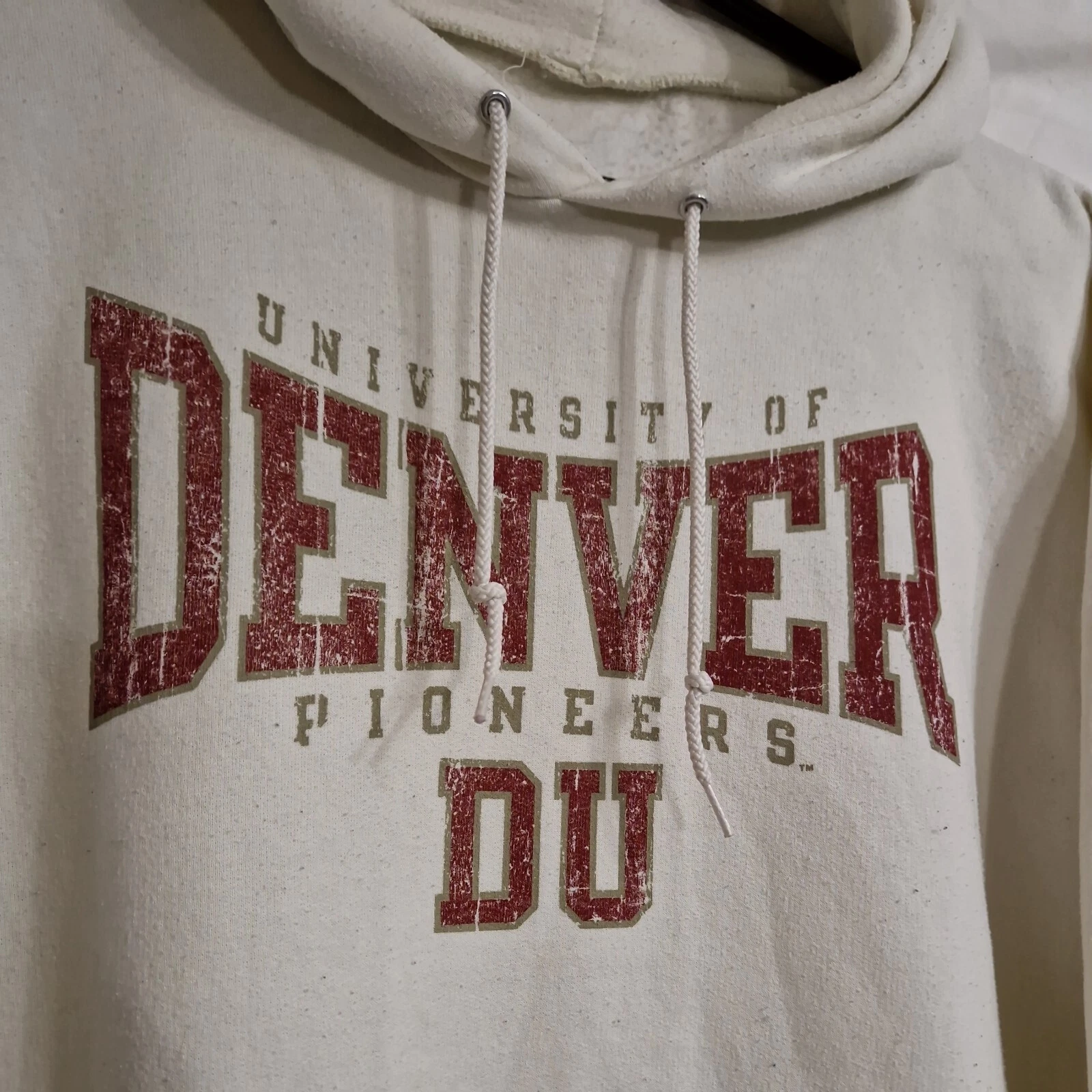 OFF WHITE Felpa con cappuccio Champion Cream University of Denvet Pioneers DU 44 pollici petto (L XL)