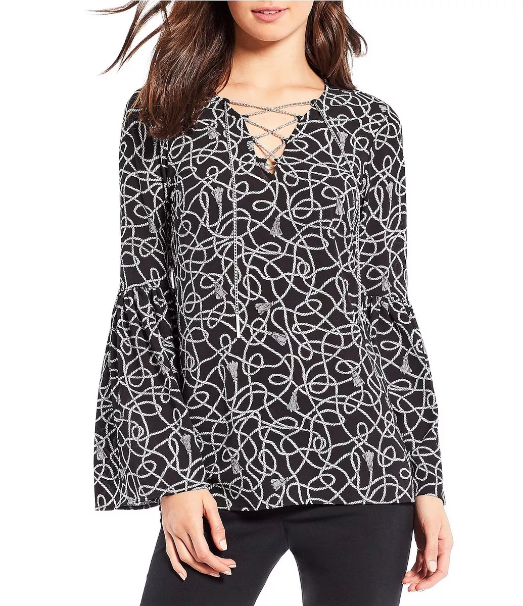 NWT MSRP 110 MICHAEL KORS Twisted Rope Bell Sleeve Top Black