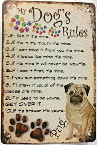 8x12 TIN SIGN Pug dog paws puppy pet rules canine funny vintage home office  (M) | eBay