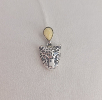Silber 925 Gepard Leopard Anhänger mit gelbem baltischem Bernstein Edelstein