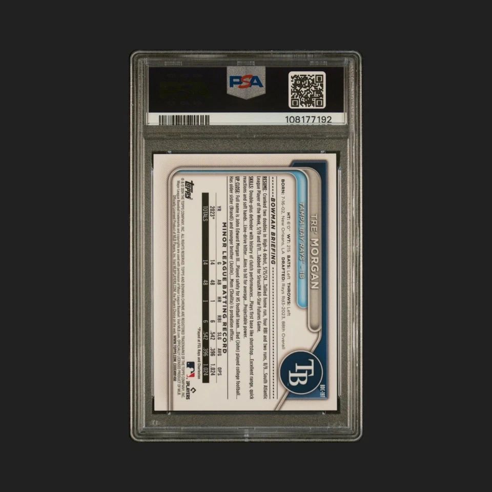 2024 Bowmans Draft Sapphire Edition Orange Tre' Morgan #BDC 197 #/25 PSA 9 Rays - Image 2 of 2