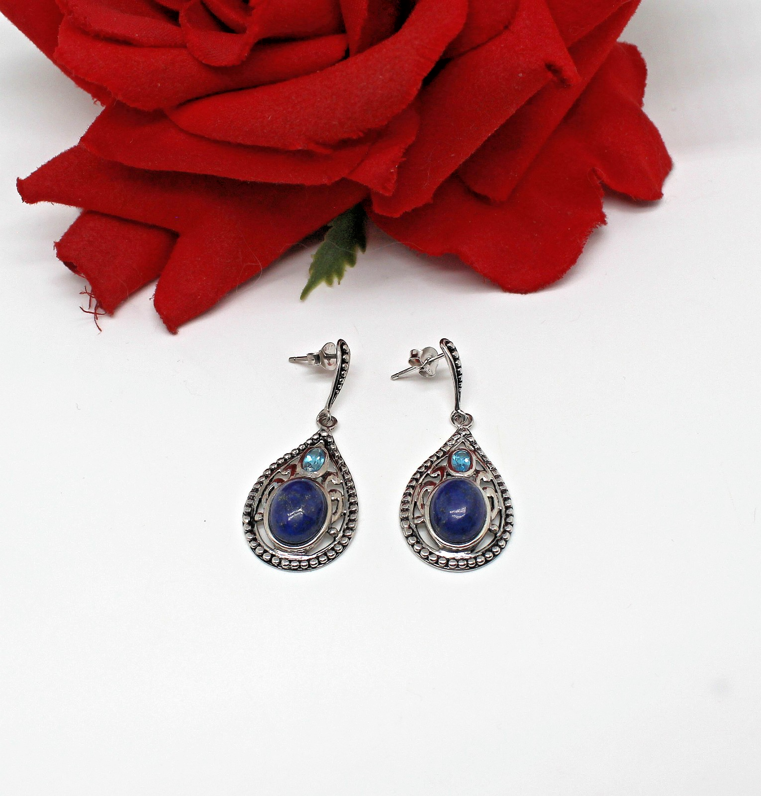 Sterling Silver Lapis Blue Topaz NWOT  JTV  Pierced  Earrings 7.09g Cat RESCUE
