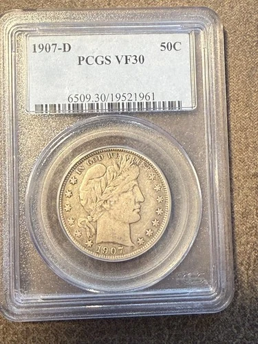 1907-D 50C Barber Half Dollar PCGS VF30 Solid Type Example Very Nice Details
