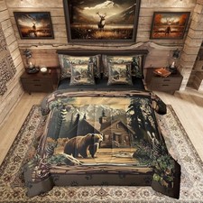 Rustic Cabin Bedding Sets 7 Piece Hunting Wild Bear Comforter King Tan Brown