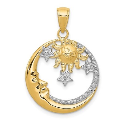 14k Bicolor Gold Mond, Sterne und Sonne Anhänger 1,9g Geschenk für Mutter