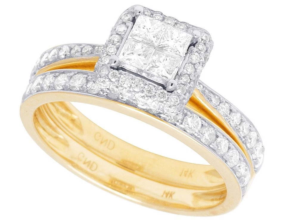 14K желтое золото подлинный принцесса огранки бриллиант квадратный Halo свадебное кольцо комплект 1 карат - Изображение 4 из 4