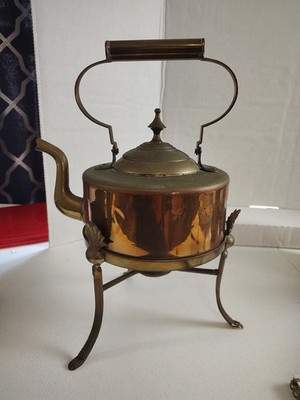 Copper and Brass Tea Pot with Stand 12 inches Tall Pristine Condition 