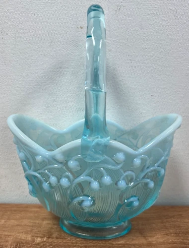 Fenton Glass Basket Lily Of The Valley Opalescent Aqua Blue