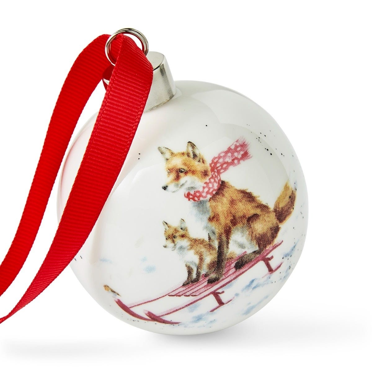 Wrendale Designs Royal Worcester Sleigh Ride Ceramic Fox Christmas Tree Bauble