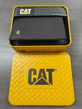 CAT Caterpillar Mens GENUINE LEATHER RFID Trifold Wallet Brown Chocolate in TIN