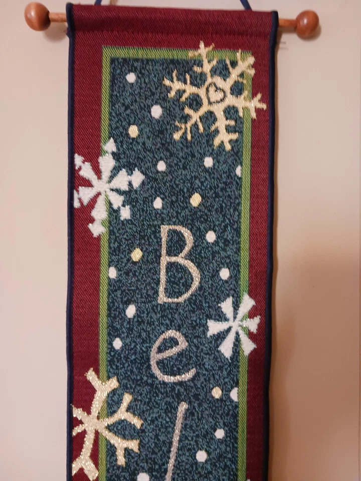 Tapestry Snowman Wall Hanger with Bell ~ BELIEVE ~ 42 x 6.25" Christmas Holiday - Image 2 of 4