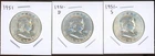 Lot of (3) Coins - 90% Silver Franklin Half Dollars: 1951-P, D & S *AU/Unc!*