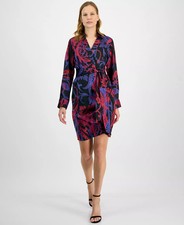 Tahari ASL Printed Faux-Wrap Dress Women's 12 Black Multi Side Zip Closure