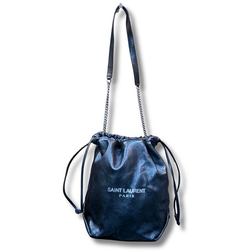 YSL Saint Laurent Drawstring Bucket Chain Shoulder Bag Black Lambskin Leather
