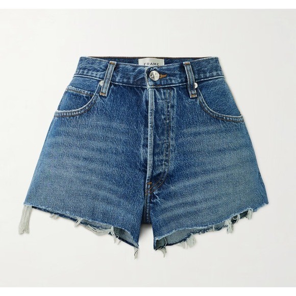 FRAME The Hang Button Fly Distressed Denim Shorts in Dark Denim Size 29
