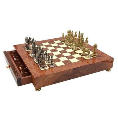 Exklusives Schachspiel Camelot Medio   Holzbrett & Metallfiguren