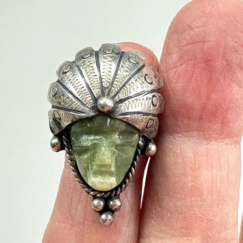 Vintage Fred Harvey Era Mexico Silver AZTEC Soapstone w/headdress RING