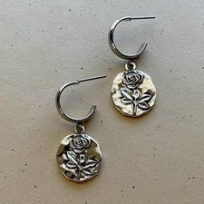 Silver Rose Flower Charm Drop Hoop Earrings, Minimalist Jewelry, Floral Nature