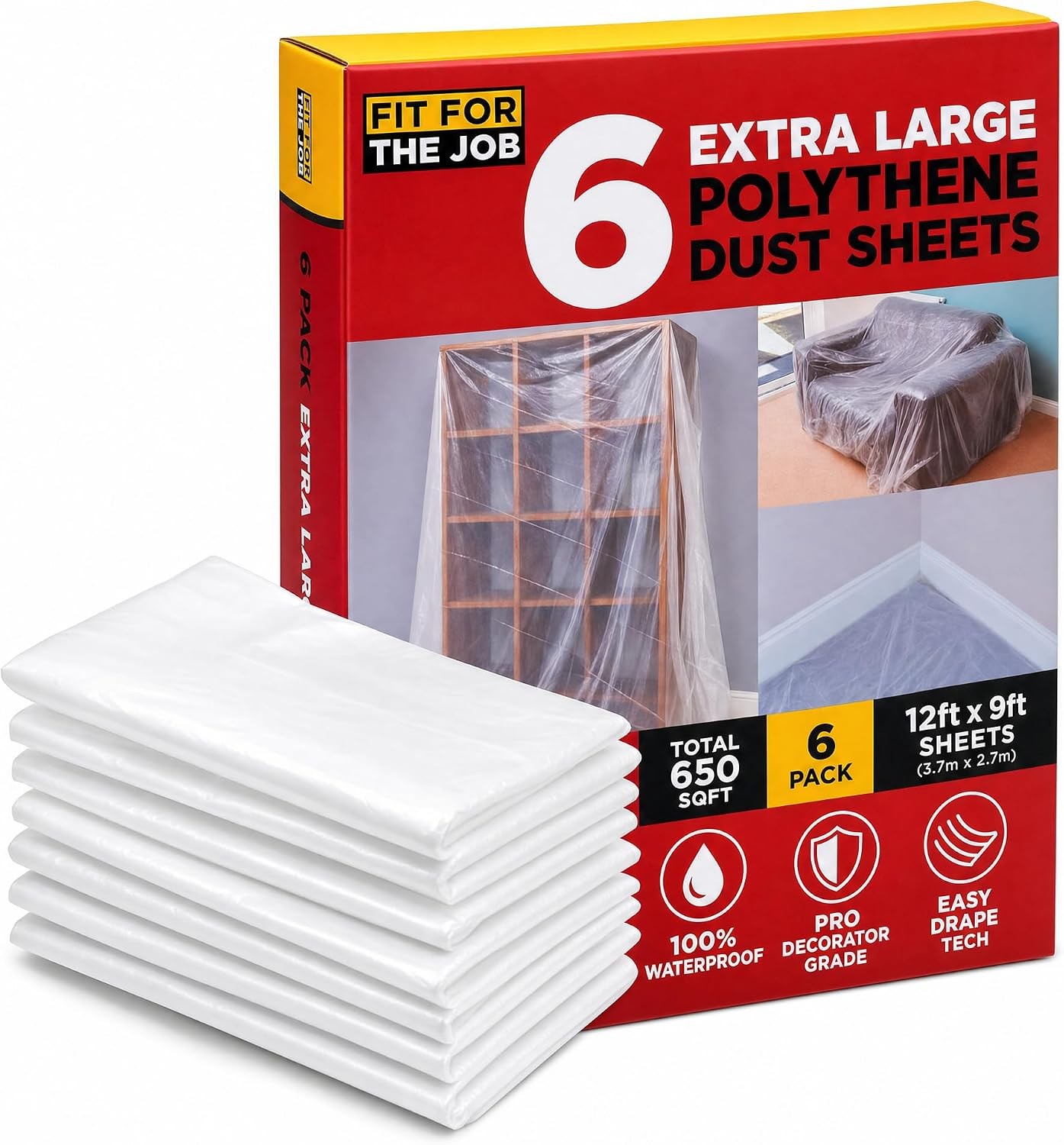 6 Pack 12ft x 9ft Polythene Dust Sheets for Decorating - Plastic Drop Cloth