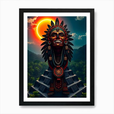 Aztec Head In Sun Eclipse Art Print Framed Wall Art Poster Canvas Print Picture
