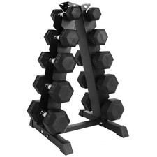Rubber Coated Hex Dumbbell Weight Set 150LB with A-Frame Rack Strength Training