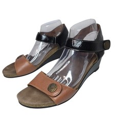 Taos Women's Wedge Sandals Patten Black Tan Leather Ankle Strap Size 41Comfy